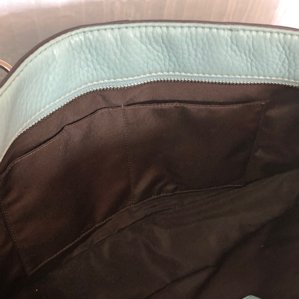 Vintage COACH pebbled leather light blue & brown double handles satchel bag - Picture 11 of 13